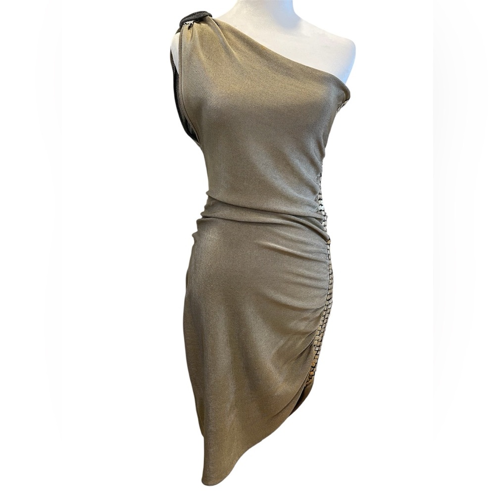 Iceberg Italy Metallic One-Shoulder Dress Embellished Side Panel – Gold Cocktail